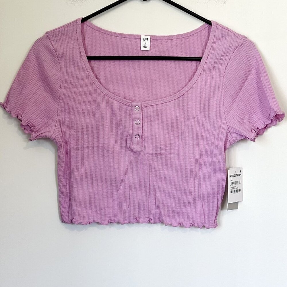 NWT BP by Nordstrom Purple Pink Pointelle Rib Cropped Short Sleeved Henley - S